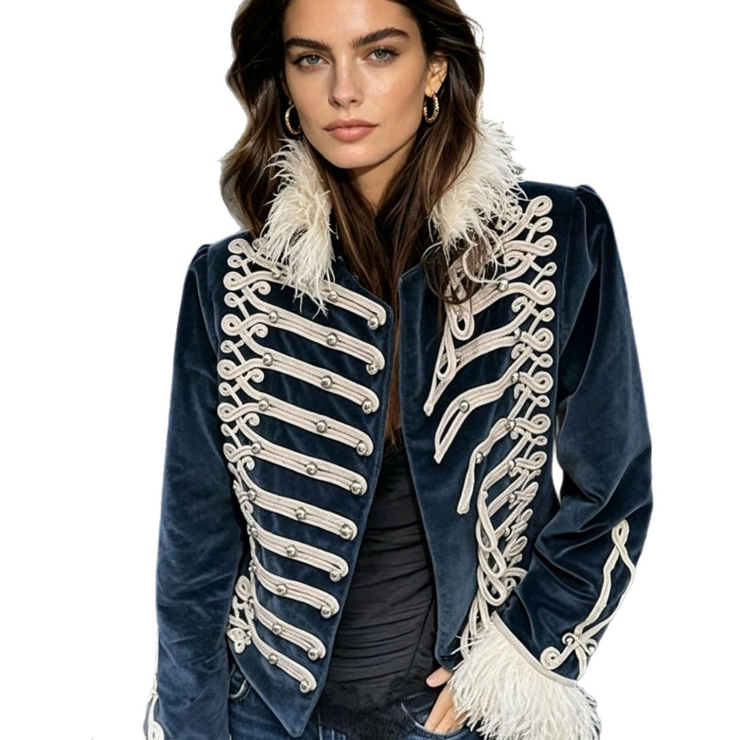 Damen Samt‑Militärjacke mit Zierriegeln und Federbesatz Echo Archiv