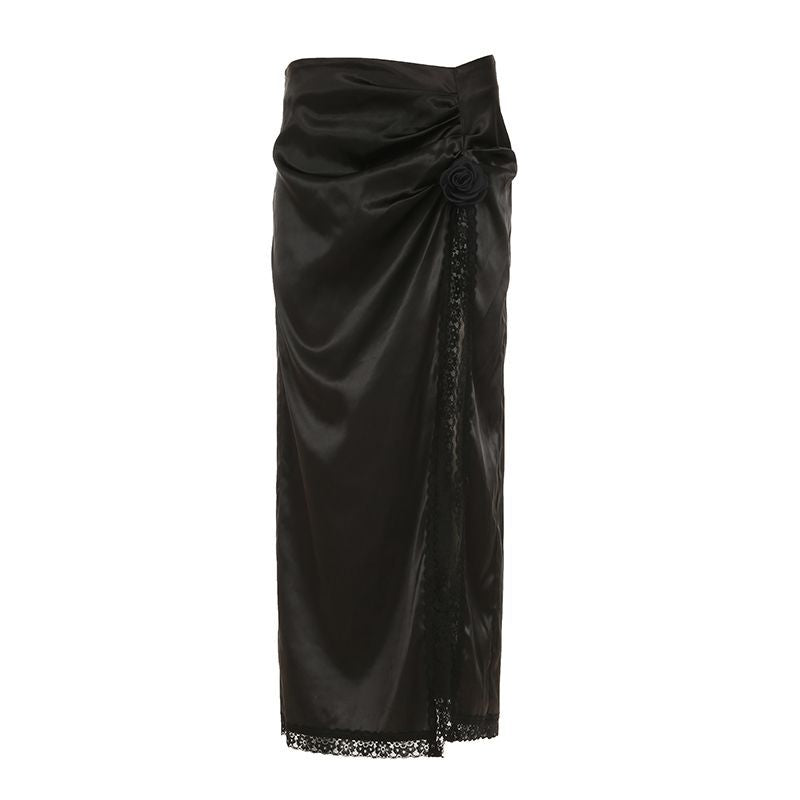 Damen eleganter Satin-Abendrock mit raffinierten Rüschen und Spitzenakzenten Echo Archiv