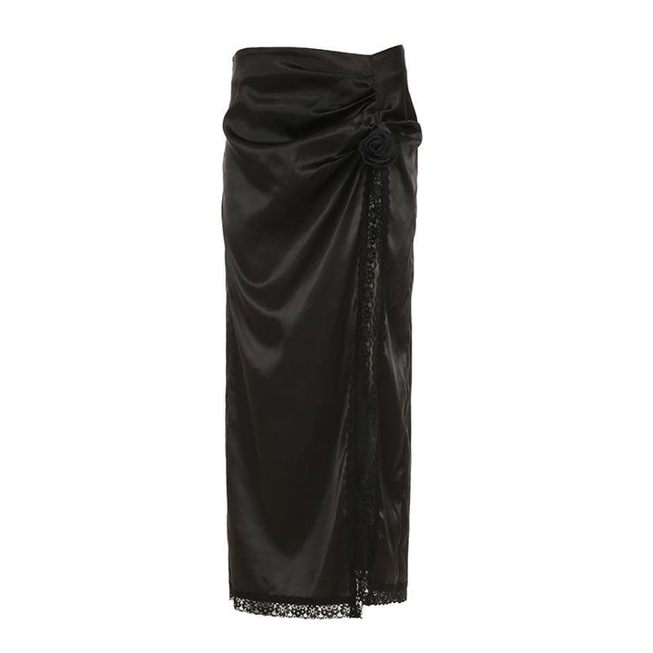 Damen eleganter Satin-Abendrock mit raffinierten Rüschen und Spitzenakzenten Echo Archiv
