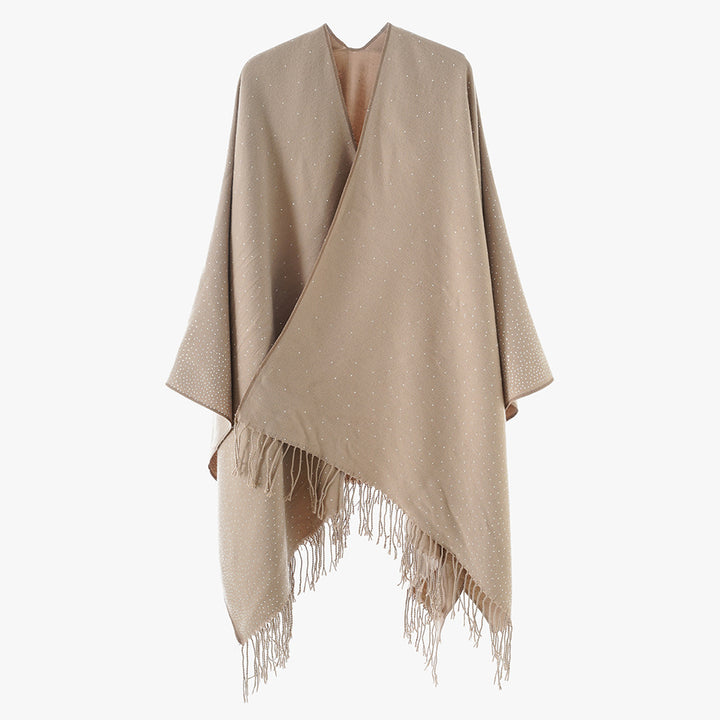 Damen Strickponcho mit Fransen und dezentem Schimmerbesatz – Avérine