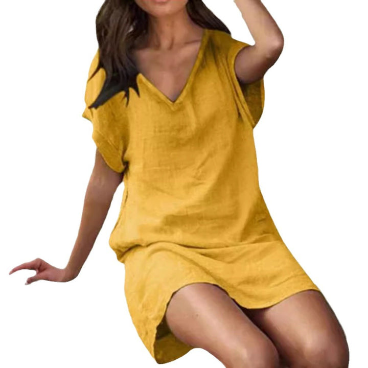 Damen nan V-Ausschnitt-Tunika-Kleid mit kastigem Schnitt, überschnittenen Fledermausärmeln und geradem Saum Echo Archiv