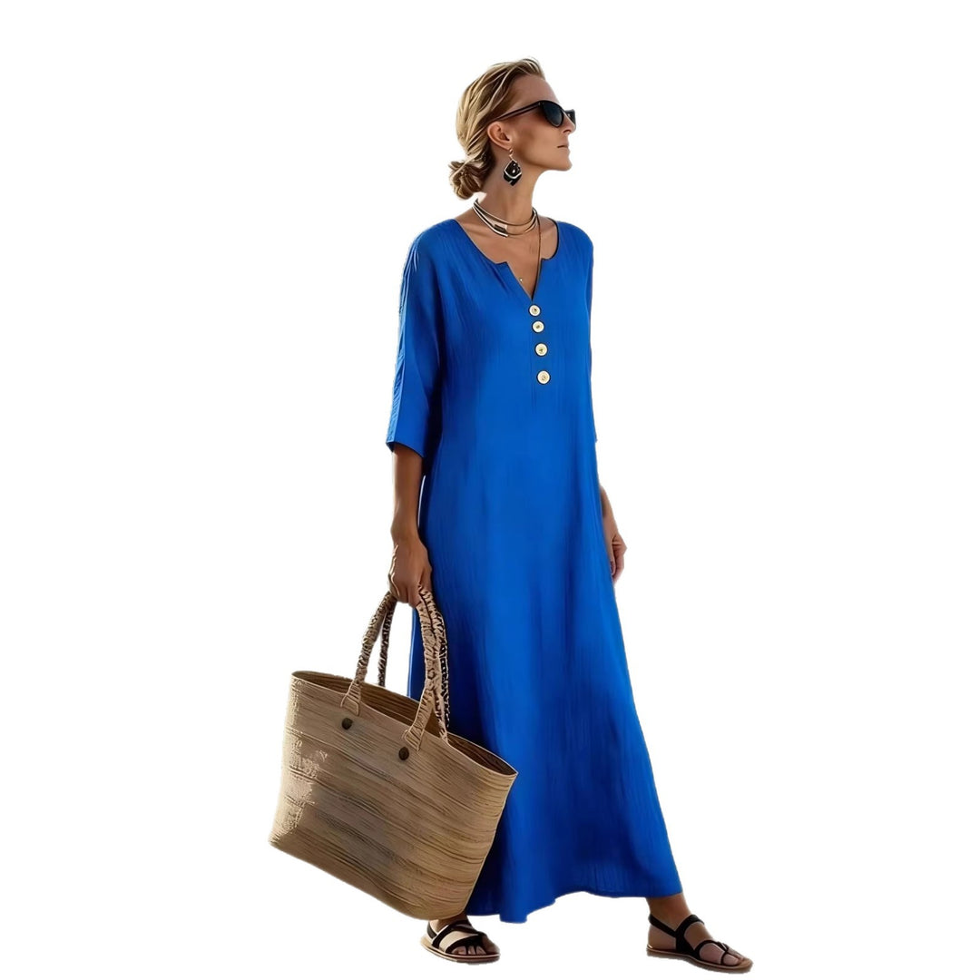 Frauen Relaxed V-Ausschnitt Knopf-Front Maxi Kaftan Kleid Echoarchiv