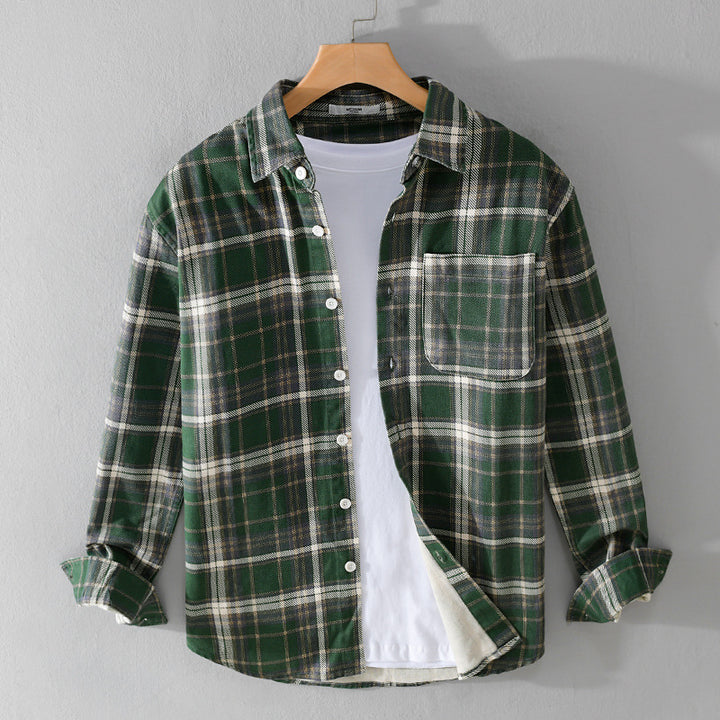 Herren Karierter Flanell-Overshirt im Vintage‑Look mit aufgesetzter Brusttasche und gerundetem Saum Echoarchiv