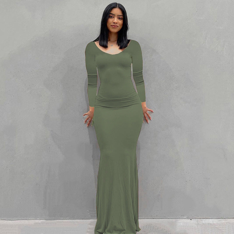 Damen Körperbetontes Maxi‑Jerseykleid mit taillierter Drapierung, langen Ärmeln und ausgestelltem Saum – Valéora