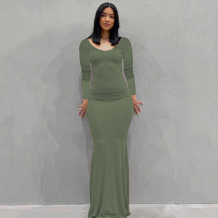 Damen Körperbetontes Maxi‑Jerseykleid mit taillierter Drapierung, langen Ärmeln und ausgestelltem Saum – Valéora