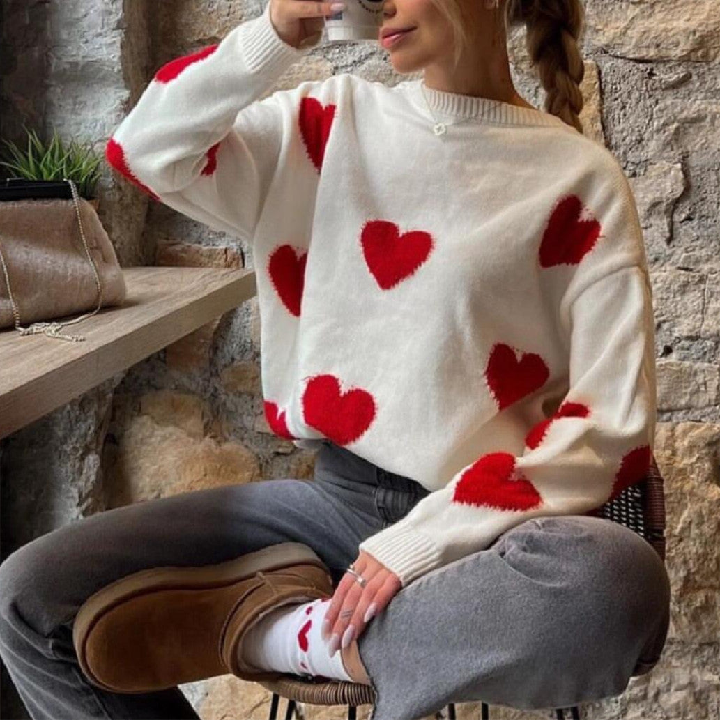 Damen Oversize Rundhalspullover mit Herz-Jacquard und gerippten Säumen – Mavelle