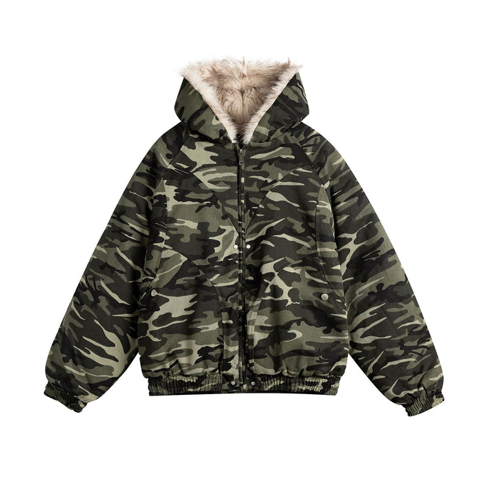Damen Kurz geschnittene Camouflage-Übergangsjacke mit Kunstfellkapuze und elastischem Saum Echoarchiv