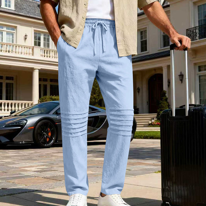 Herren Leinenoptik-Loungehose mit Tunnelzug elastischem Bund und abgesteppten Kniepanelen – Sorevano