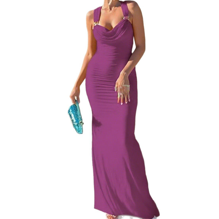 Damen Elegantes figurbetontes Abendkleid mit drapiertem Oberteil und goldenen Trägern Echo Archiv