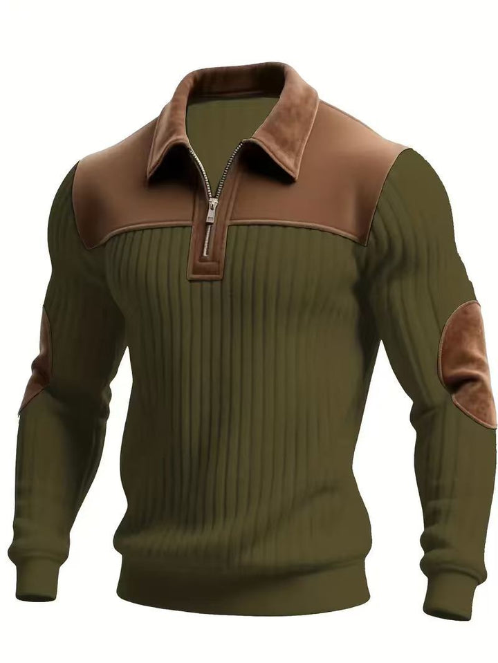 Herren nan gerippter Halbzip-Pullover mit kontrastierenden Lederapplikationen an Schultern und Ellenbogen Echo Archiv