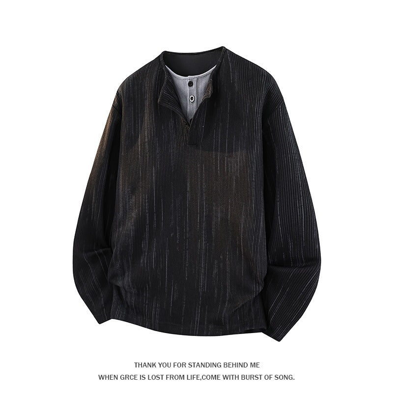 Herren Oversize Strickpullover mit Henley-Ausschnitt und feiner Strukturstreifen Echoarchiv