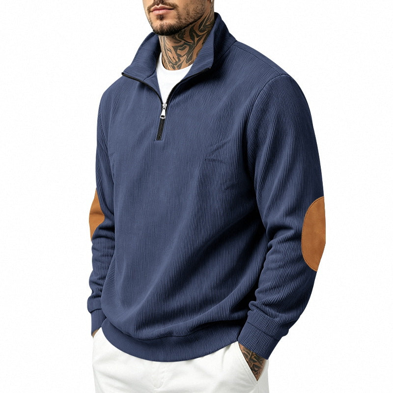 Herren Leichter Struktur-Halbzip-Pullover mit Cord‑Ellbogenpatches und Stehkragen Echoarchiv