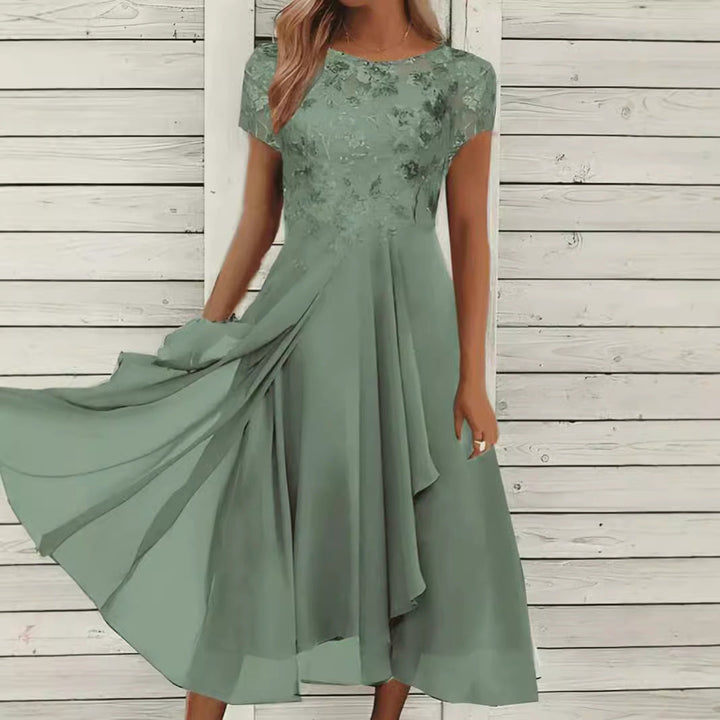 Damen nan elegantes Chiffon-Midikleid mit floraler Spitzenapplikation und fließendem Tellerrock Echoarchiv