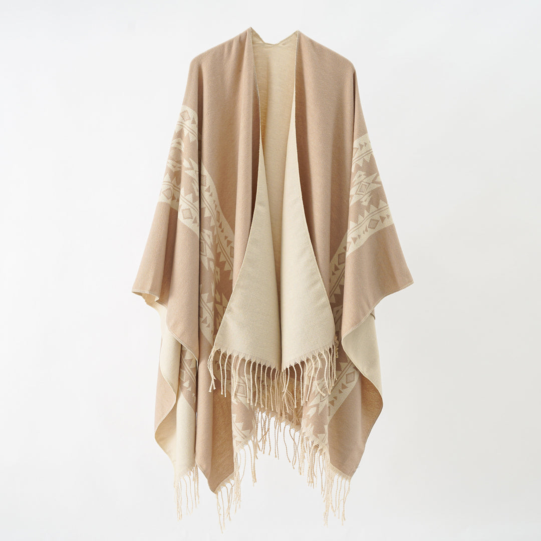 Damen Kaschmir‑Optik Überwurfponcho mit geometrischer Bordüren‑Jacquard und Fransen Echo Archiv