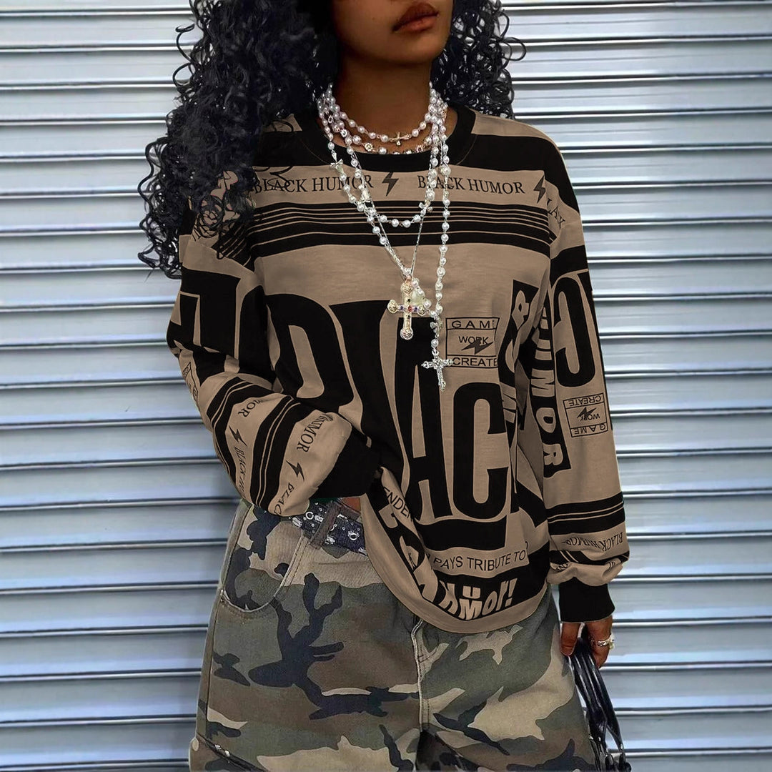 Damen Oversize‑Longsleeve Sweatshirt mit Allover‑Grafik, Rundhalsausschnitt und gerippten Bündchen – Avérine