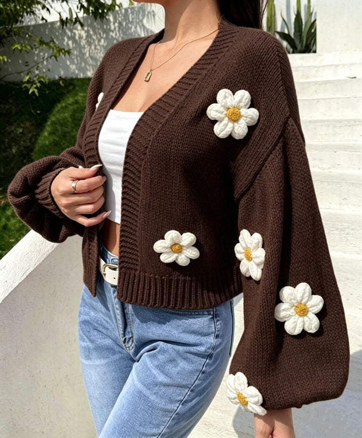Damen Cropped-Cardigan aus Baumwollmix mit 3D-Blütenapplikationen – Veloura