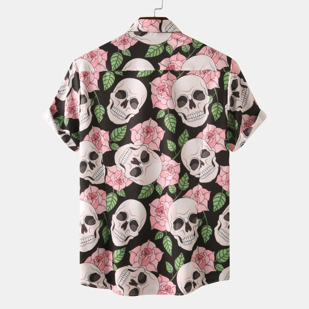 Herren Kurzarmhemd mit kreativem Totenkopf- und Blumenmuster Echoarchiv 1757487585