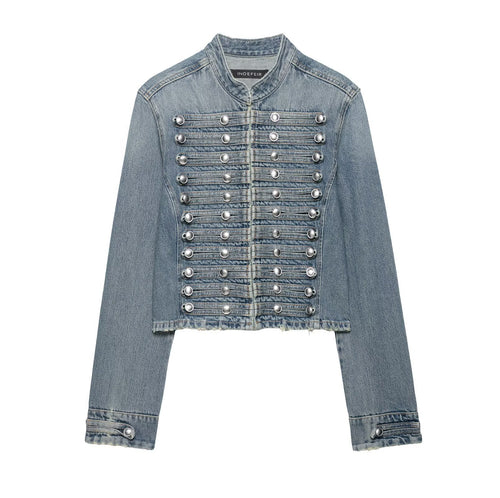 Damen Kurz geschnittene Military-Jeansjacke mit dekorativen Band-Details und Metallnieten Echo Archiv