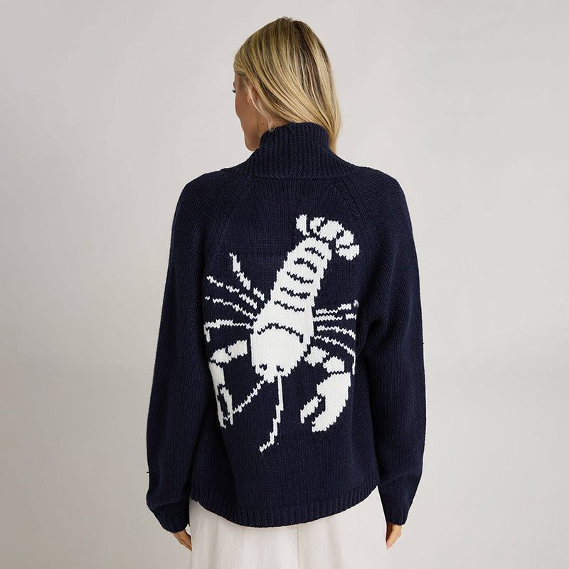 Damen Grobstrick Rollkragenpullover mit Hummer-Intarsie und lässiger Oversize-Passform Echoarchiv