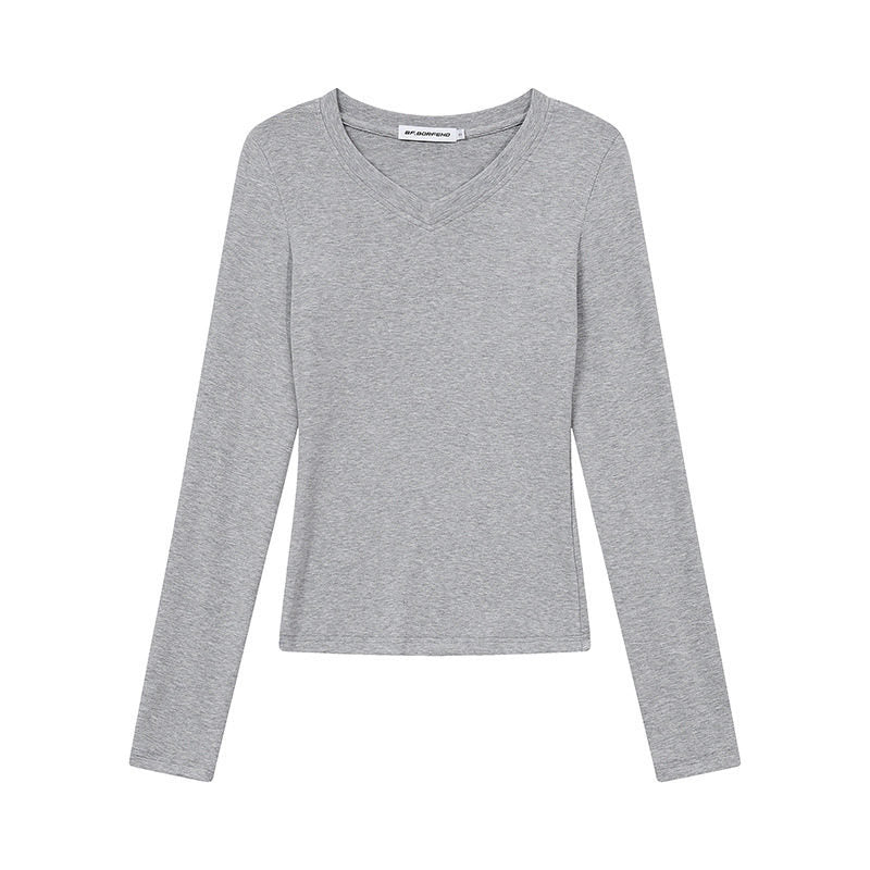 Damen Langarmshirt mit V-Ausschnitt und tailliertem Slim-Fit Echoarchiv