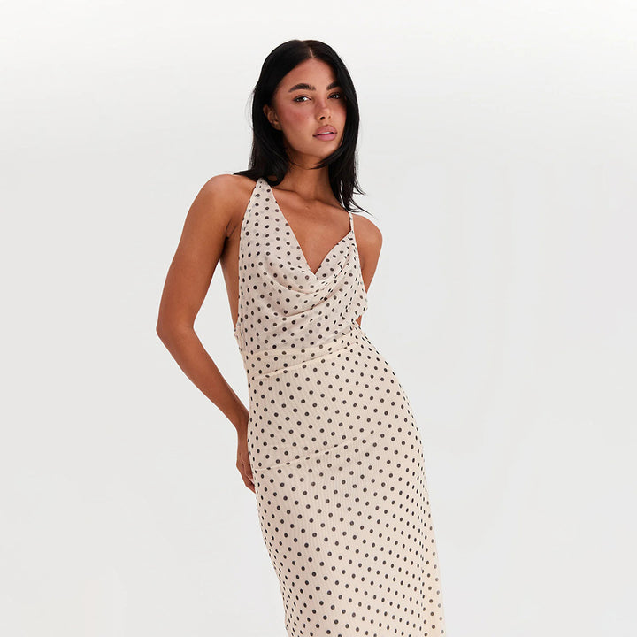 Damen Maxikleid mit elegantem Wasserfallausschnitt und Punktedesign Echo Archiv