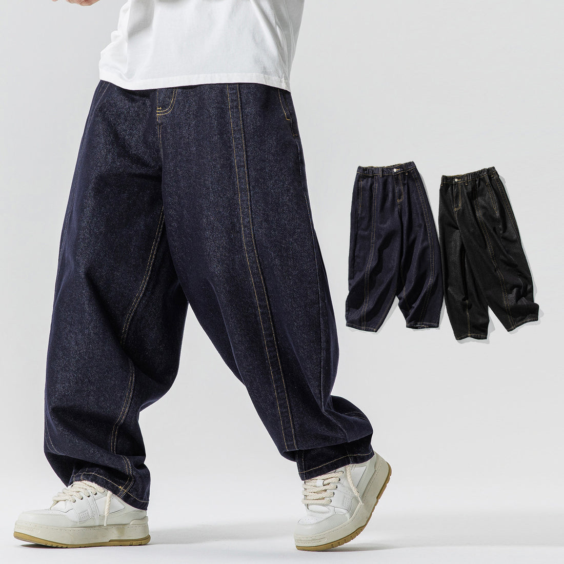 Herren Baggy-Denim-Hose mit extra weitem Bein, tiefem Schritt und sichtbaren Kontrastnähten Echo Archiv