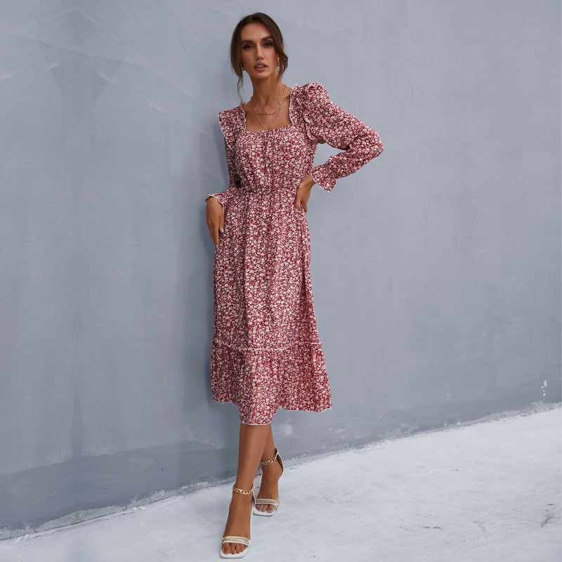 Damen Midikleid im Vintage‑Stil mit quadratischem Ausschnitt, Rüschen und elastischer Taille Echoarchiv