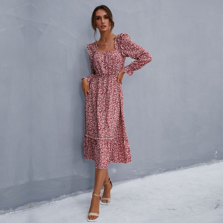 Damen Midikleid im Vintage‑Stil mit quadratischem Ausschnitt, Rüschen und elastischer Taille Echoarchiv