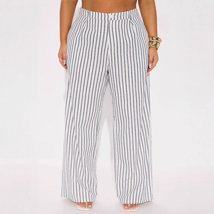 Damen Leinenoptik Palazzo-Hose mit hoher Taille und vertikalen Streifen – Avérine