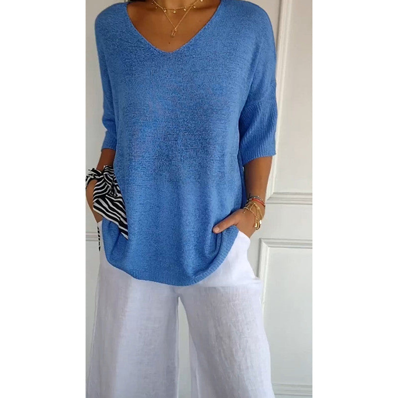Damen nan locker sitzender V-Ausschnitt Feinstrickpullover mit dreiviertelÄrmeln Echo Archiv