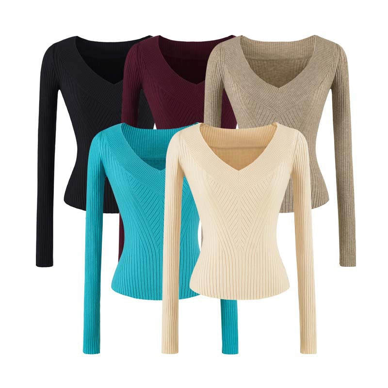Damen Taillierter Rippstrick-Pullover mit V-Ausschnitt und formgebender Struktur Echoarchiv
