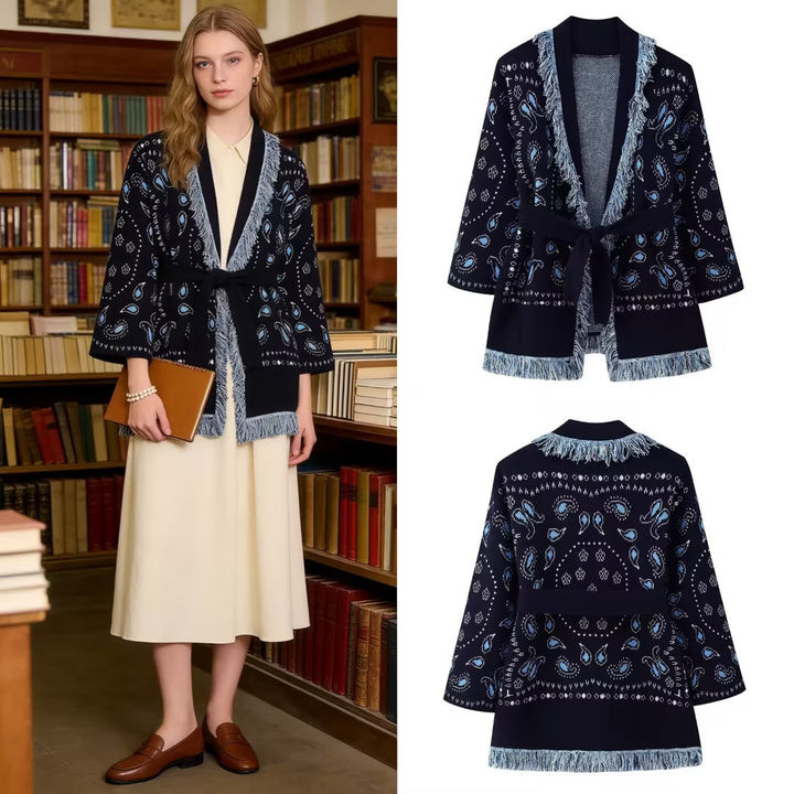 Damen Fransen-Strickjacke mit Paisley-Jacquard, Taillengürtel und offener Kimono-Silhouette Echo Archiv