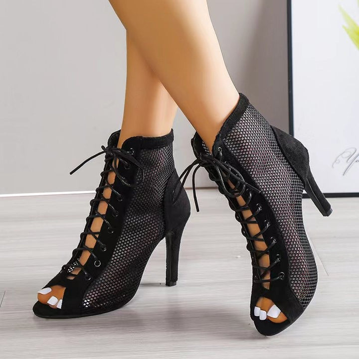 Damen Schnür-Booties mit offener Zehenpartie, Mesh-Einsätzen und Denim-Optik – Varelle
