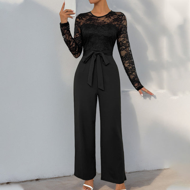 Damen Spitzen-Einteiler mit Taillengürtel und weitem Bein – Solévia