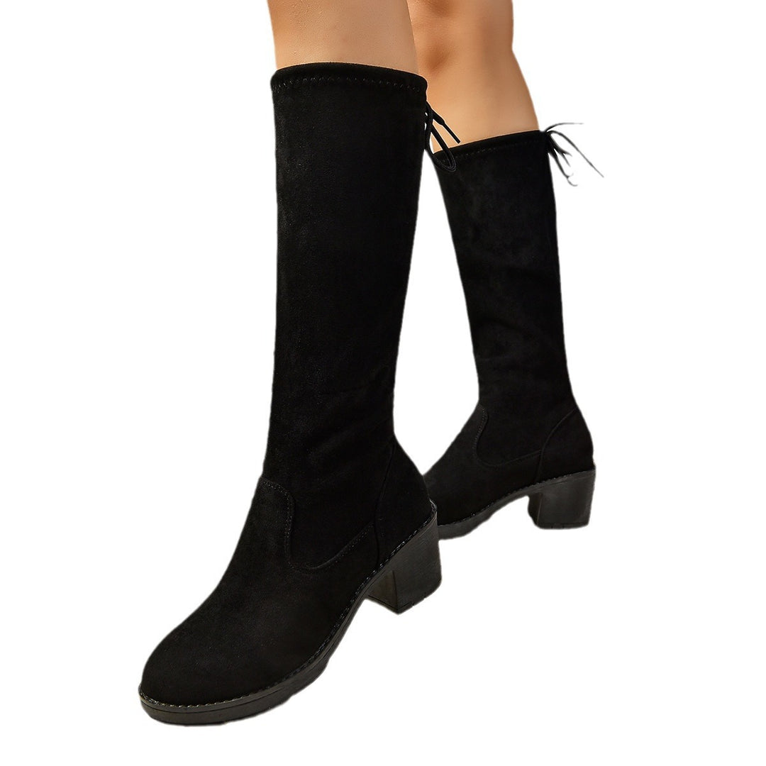 Damen Kniehohe Stiefel mit Blockabsatz, Velours‑Optik, elastischem Schaft und rückseitiger Zierschnürung Echo Archiv