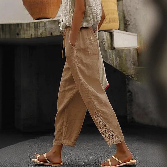Damen luftige Leinenhose mit dekorativen Stickereien Echoarchiv