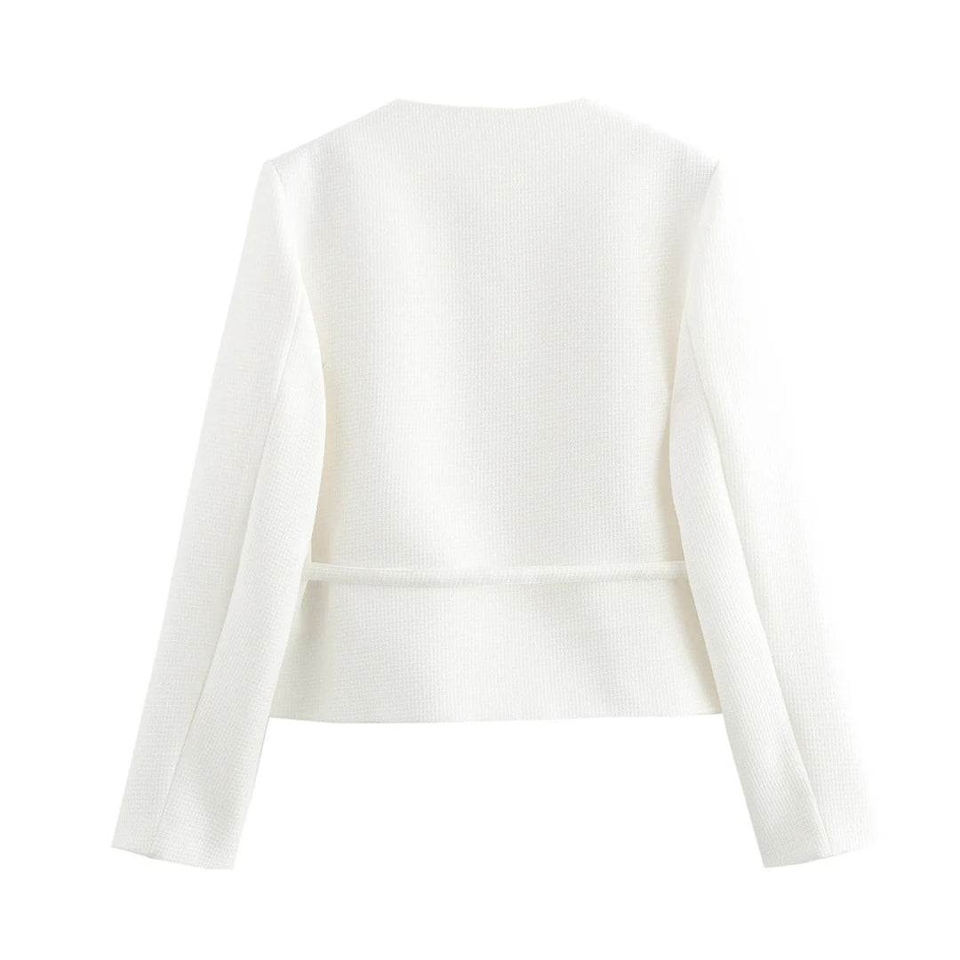 Damen nan taillierte Knopfjacke mit Rundhalsausschnitt, taillenbindegürtel und feiner Webstruktur Echo Archiv