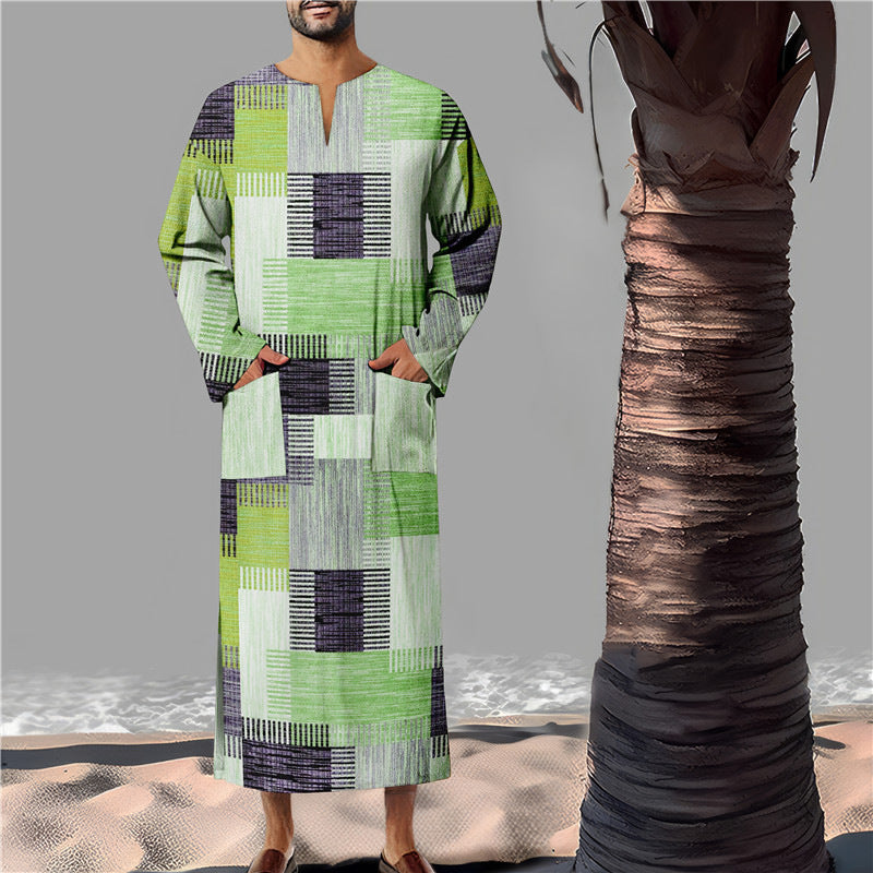 Herren Baumwoll-Kaftan mit modernem geometrischem Muster und praktischen Taschen Echoarchiv