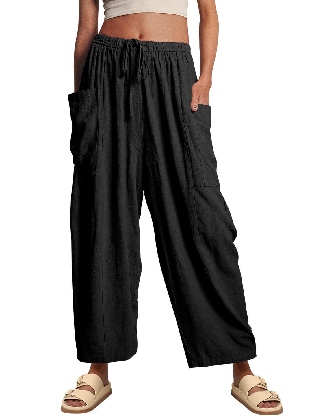 Damen nan weite Palazzohose aus leichtem Leinenmix mit Tunnelzug und seitlicher Tasche Echo Archiv