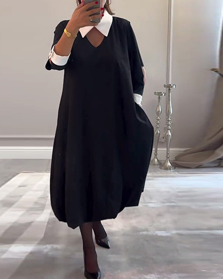 Damen nan kastiges Midikleid mit spitzem Kontrastkragen, Umschlagmanschetten, Eingrifftaschen und Ballon-Saum Echo Archiv