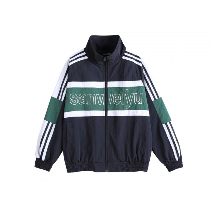 Unisex Retro Sportliche Zip-Trainingsjacke mit Stehkragen, Colorblock-Streifen und elastischem Saum Echo Archiv