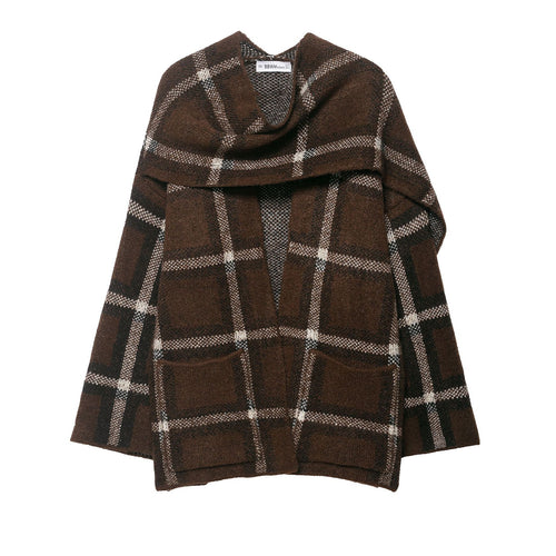 Damen Oversize Cape-Cardigan mit Kapuze, aufgesetzten Taschen und Karomuster Echoarchiv