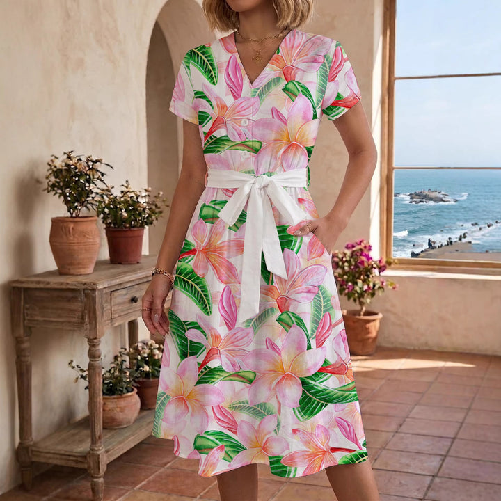 Damen Midikleid mit farbenfrohem Blumendesign und taillierbarem Bindegürtel Echo Archiv