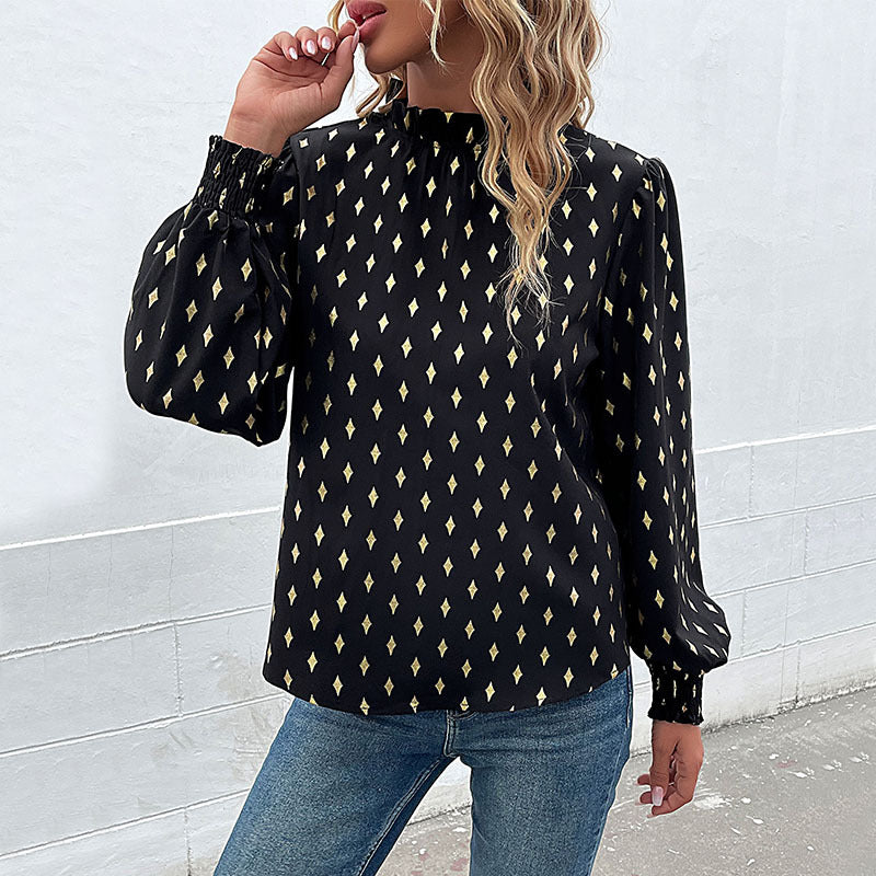 Damen Elegante Rüschen-Stehkragen-Bluse mit Puffärmeln und Smokbündchen Echoarchiv
