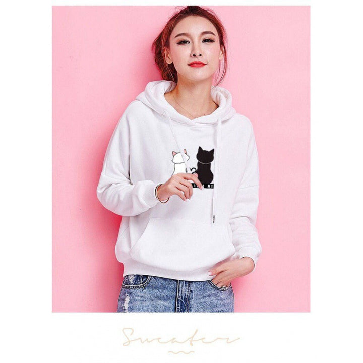 Damen Kapuzenpullover mit Katzen-Print, lockerem Schnitt und Kängurutasche – Auréline