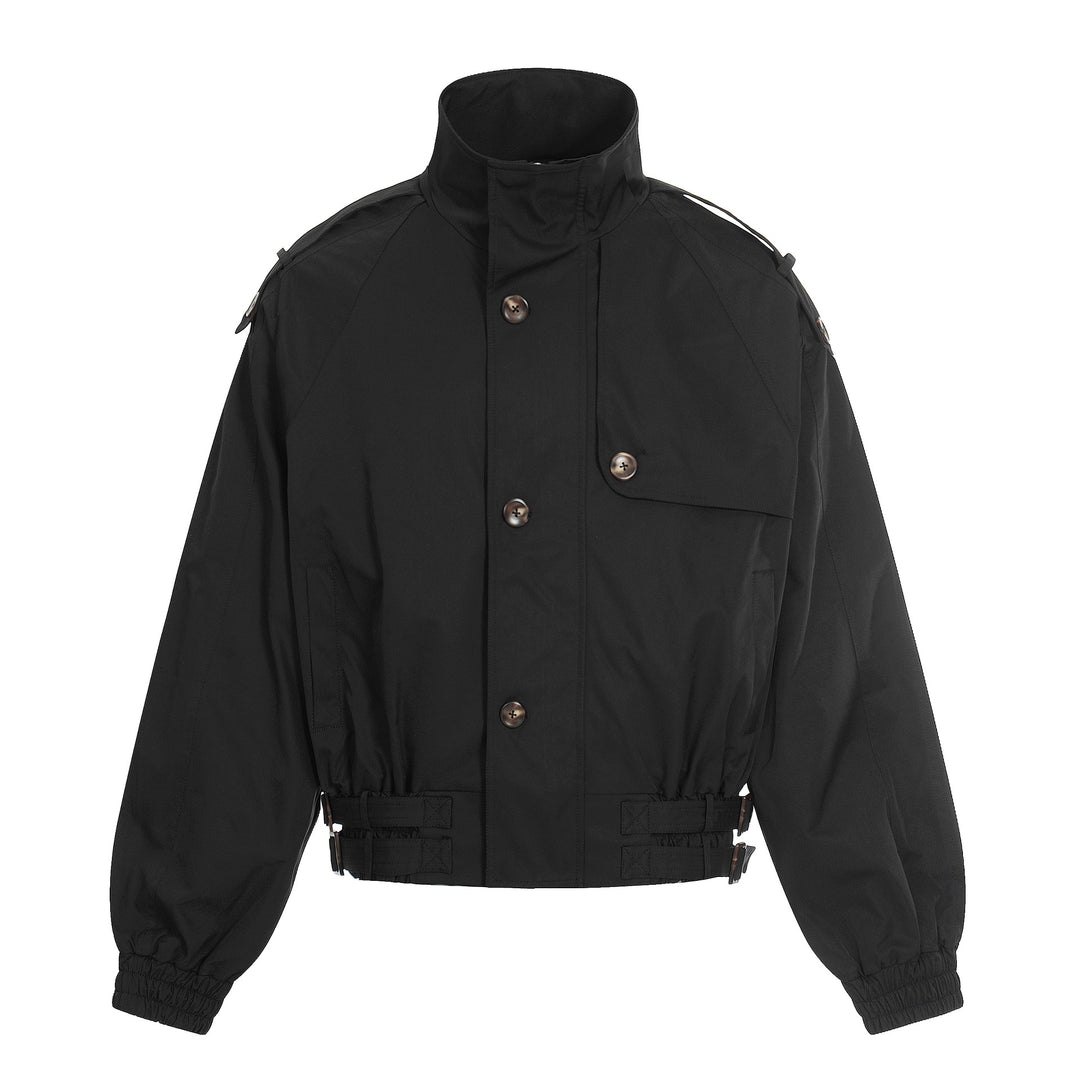 Damen Kurz geschnittene Boxy-Trenchjacke mit hohem Funnelkragen, Schulterklappen und verstellbarem Taillengurt Echoarchiv