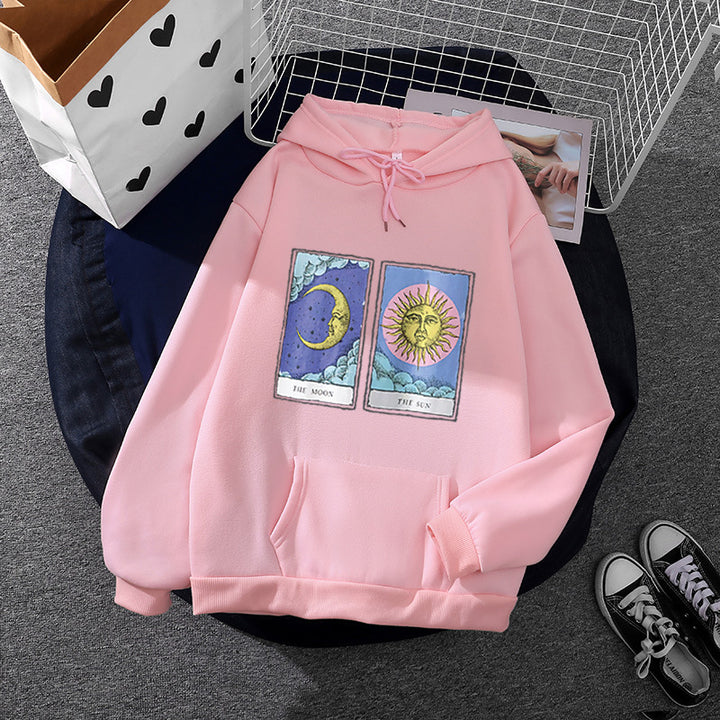 Damen leichter Oversize Kapuzenpullover mit Herz‑EKG‑Motiv, langen Kordeln und elastischem Bund – Auréline