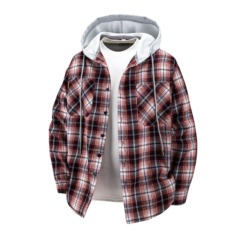 Herren -Layered-Flanell-Overshirt mit angenähter Kapuze und Brusttaschen Echo Archiv