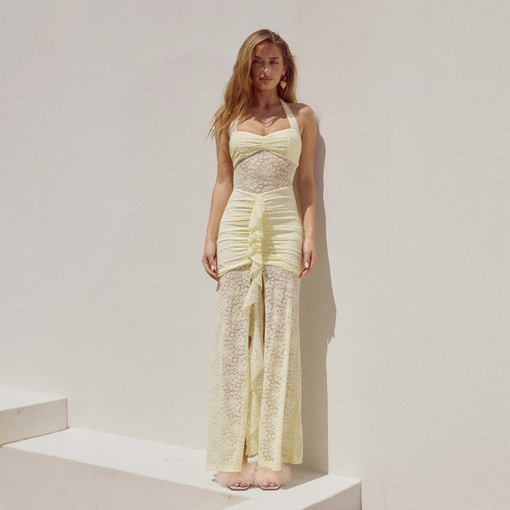 Damen Raffiniertes Maxikleid mit Spitzenakzenten und tiefem Schlitz Echo Archiv
