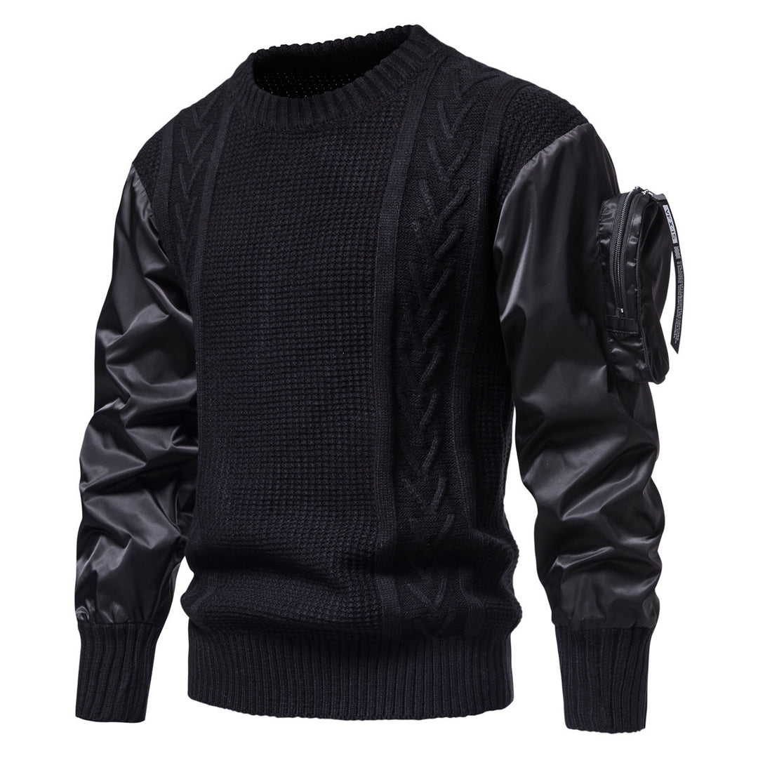 Herren Grobstrickpullover mit modernen Kunstlederärmeln Echoarchiv